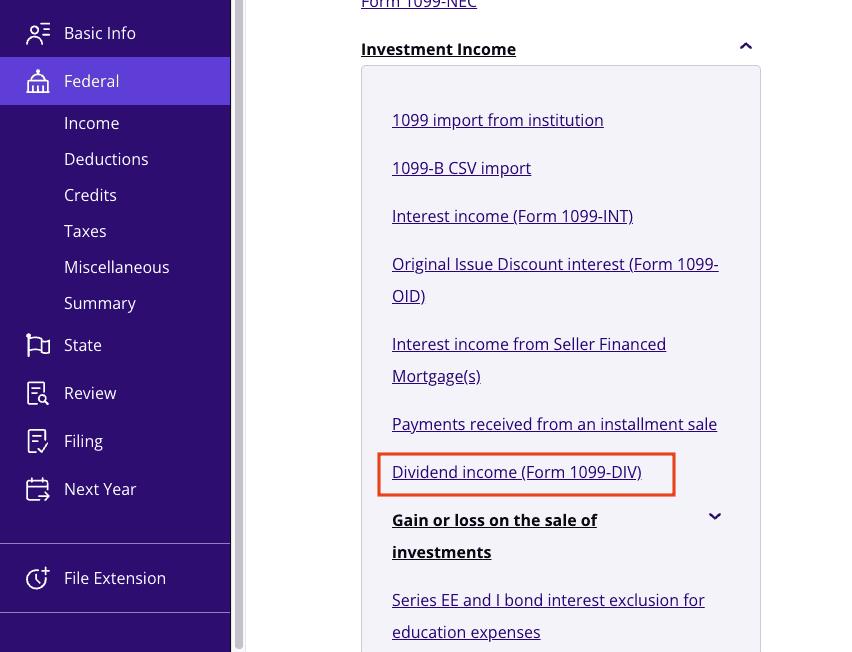 A screenshot of where to report Form 1099-DIV in TaxAct's software