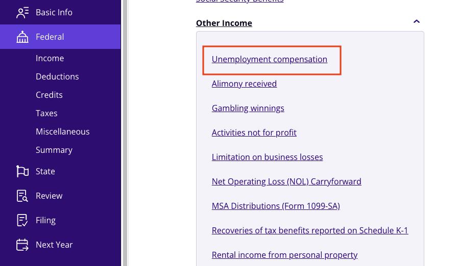 A screenshot of where to report Form 1099-G for unemployment compensation in TaxAct