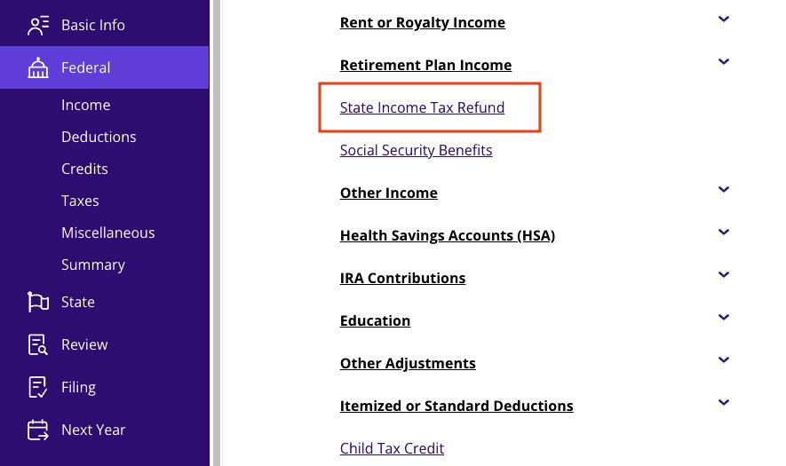 A screenshot of where to report Form 1099-G for state refunds in TaxAct