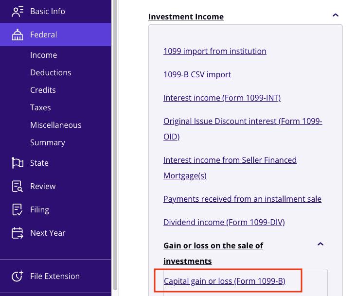 A screenshot of where to report Form 1099-CAP using manual entry in TaxAct