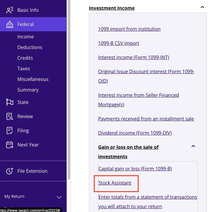 A screenshot of where to report Form 1099-CAP using Stock Assistant in TaxAct