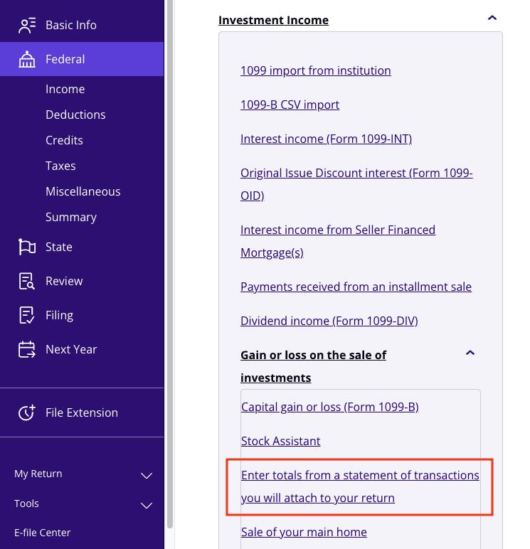 A screenshot of where to report Form 1099-CAP using Form 8949 in TaxAct