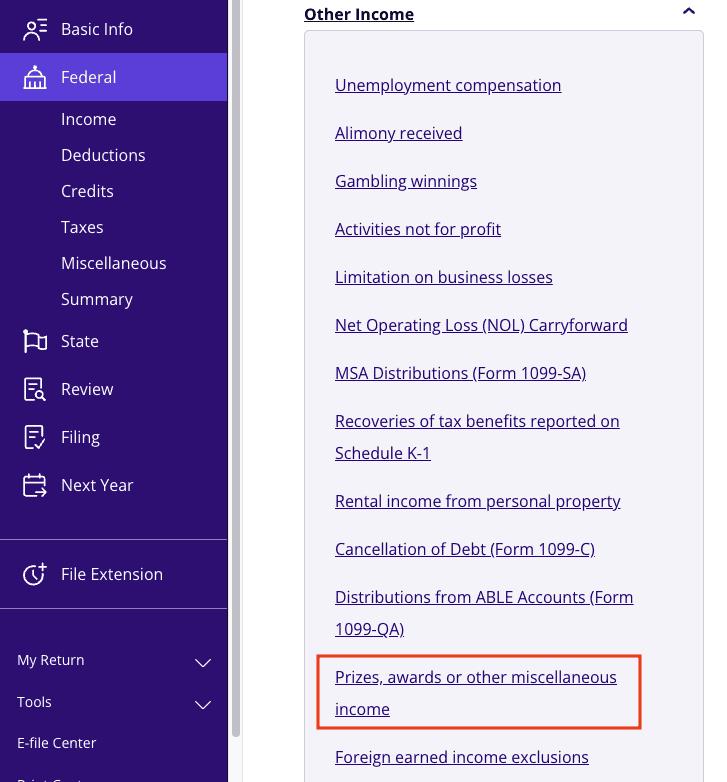 A screenshot of where to report Form 1099-LS as ordinary income in TaxAct