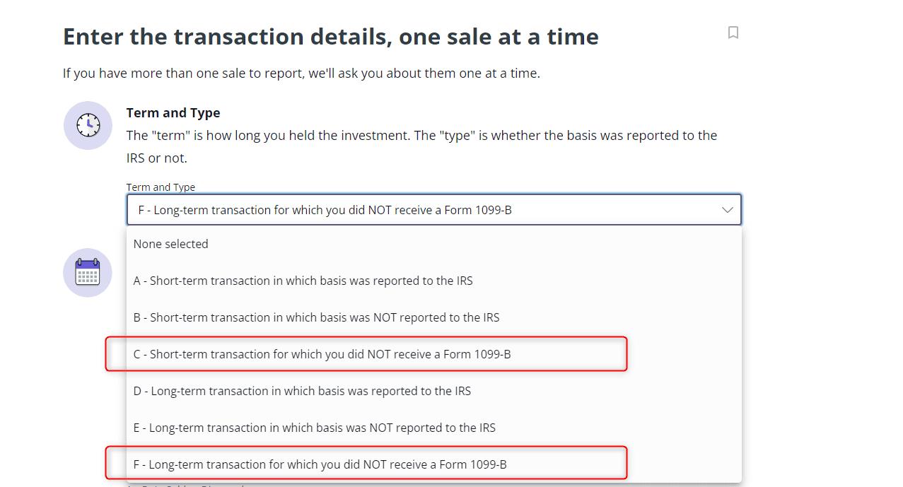 A screenshot of where to report Form 1099-LS as a capital gain or loss when you do not have Form 1099-B in TaxAct