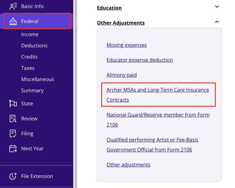 A screenshot of where to report Form 1099-LTC in TaxAct