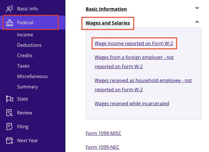 A screenshot of where to report Form W-2 in TaxAct