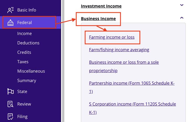 A screenshot of where to report Form 1099-PATR using Schedule F in TaxAct