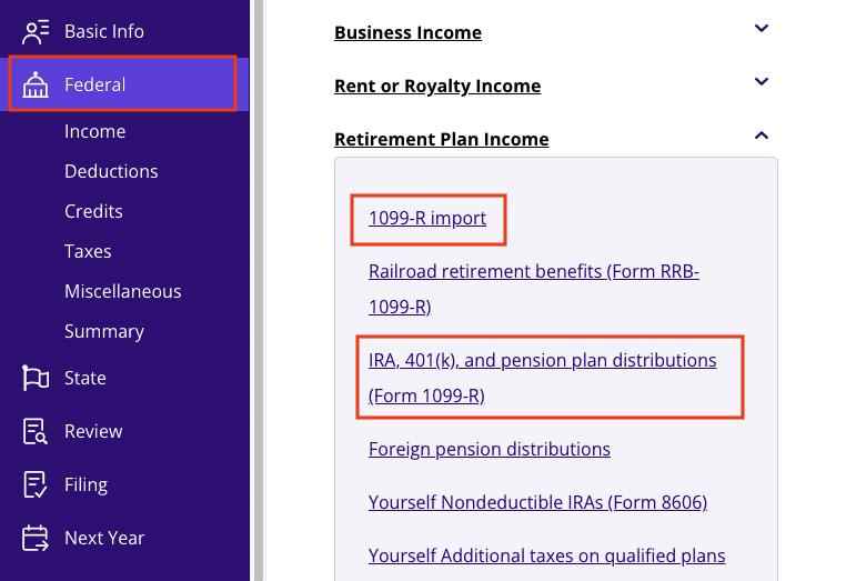 A screenshot of where to report Form 1099-R in TaxAct