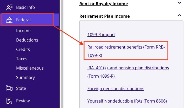 A screenshot of where to report railroad retirement benefits using Form RRB-1099-R in TaxAct