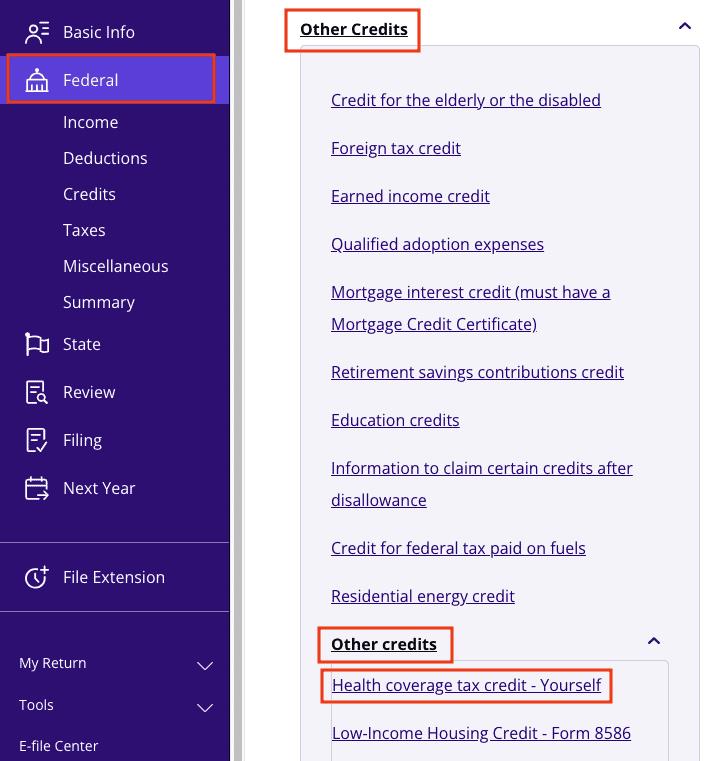 A screenshot of where to report HCTC payments with Form 1099-H in TaxAct