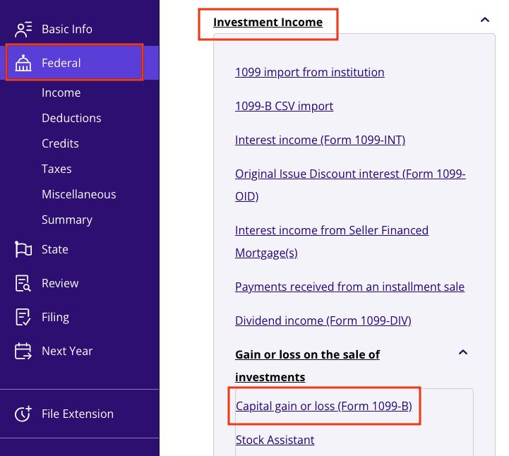 A screenshot of where to report the sale of a timeshare, vacation home, or investment property with Form 1099-S in TaxAct