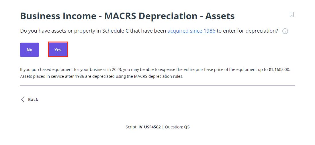 A screenshot of how to start MACRS depreciation reporting in TaxAct