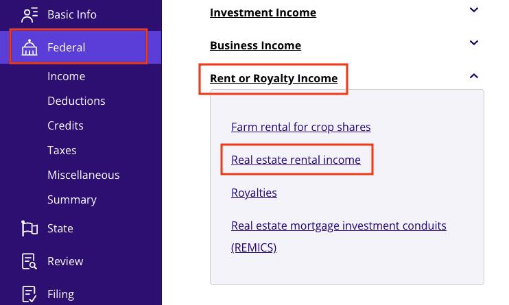 A screenshot of where to report the sale of rental property with Form 1099-S in TaxAct