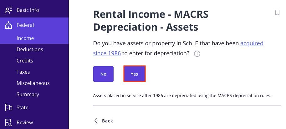 A screenshot of where to report MACRS depreciation for rental income in TaxAct