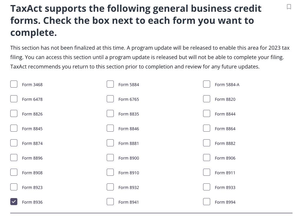 A screenshot of TaxAct's software showing where to select Form 8936