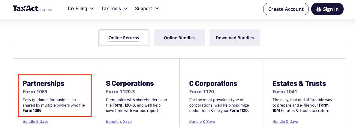 A screenshot of how to get started filing Form 1065 with TaxAct