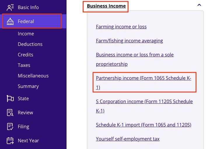 A screenshot of where to file Schedule K-1 in TaxAct