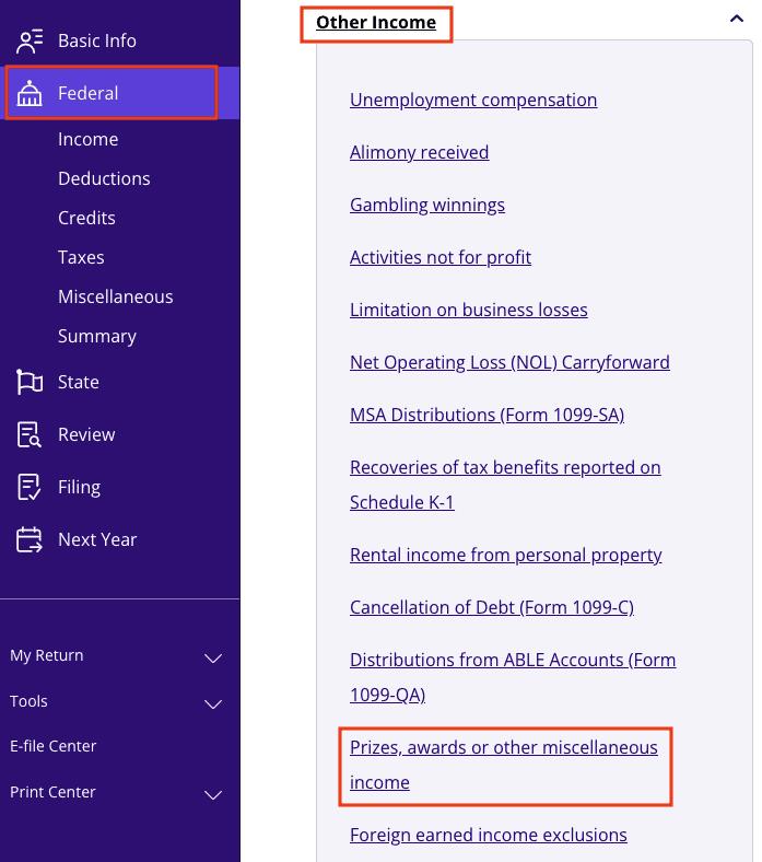 A screenshot of how to report income from Form 1099-SB as a ordinary income using TaxAct