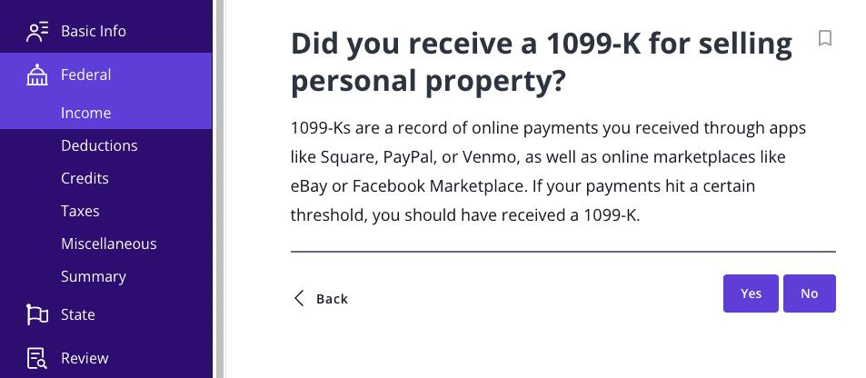 A screenshot showing how to add personal property sales reported on Form 1099-K in TaxAct's tax filing software