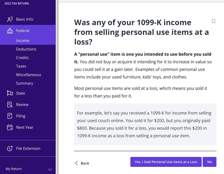 A screenshot showing how to add losses from Form 1099-K in TaxAct's tax filing software