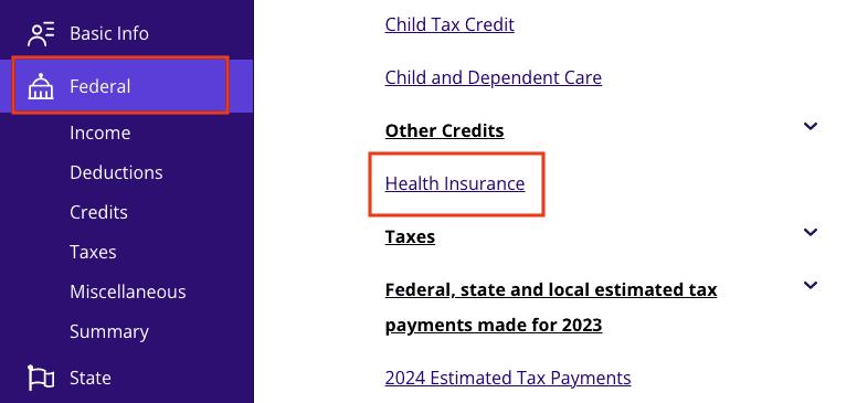 A screenshot showing where to enter Form 1095-A in TaxAct