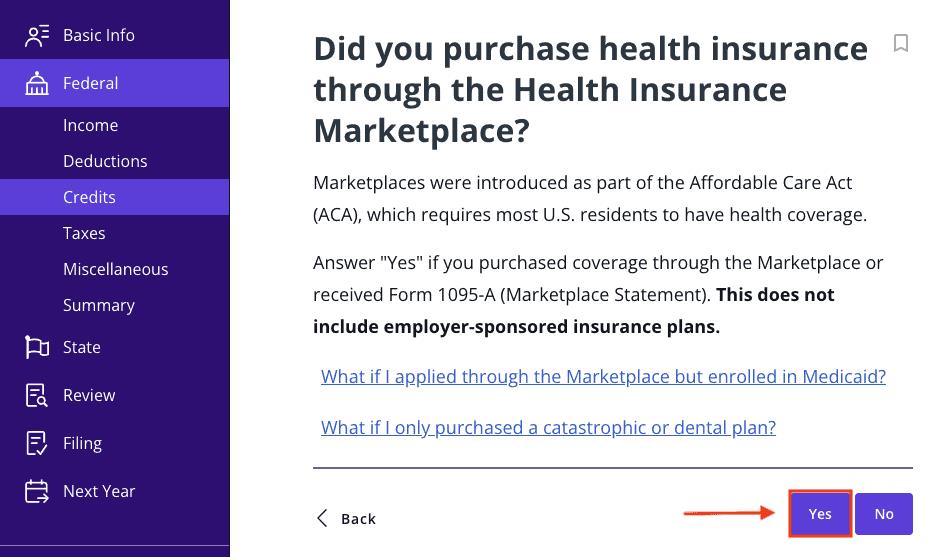 A screenshot showing how to report that you purchased health insurance through the online Marketplace in TaxAct