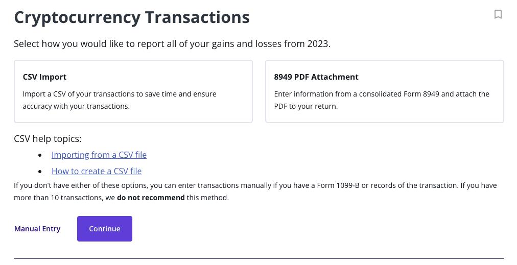 A screenshot of TaxAct's software showing options crypto transaction import options