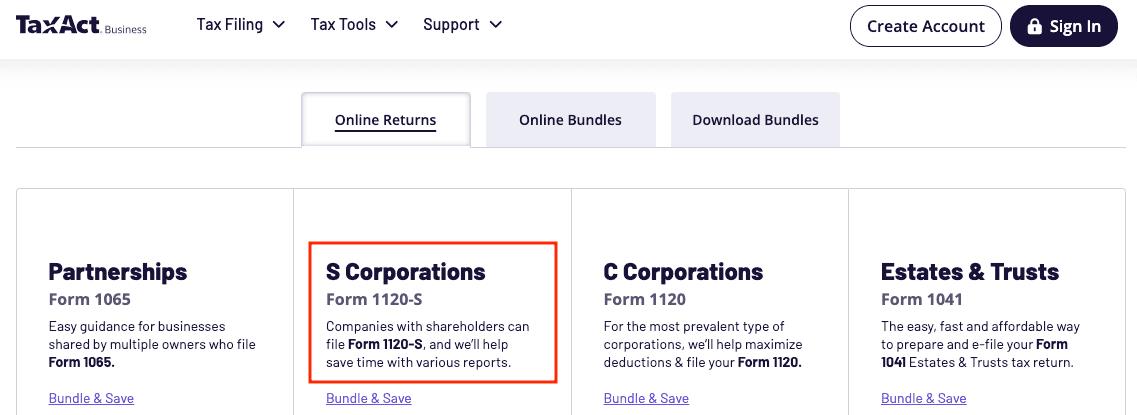 A screenshot showing where to find Form 1120-S on TaxAct's website