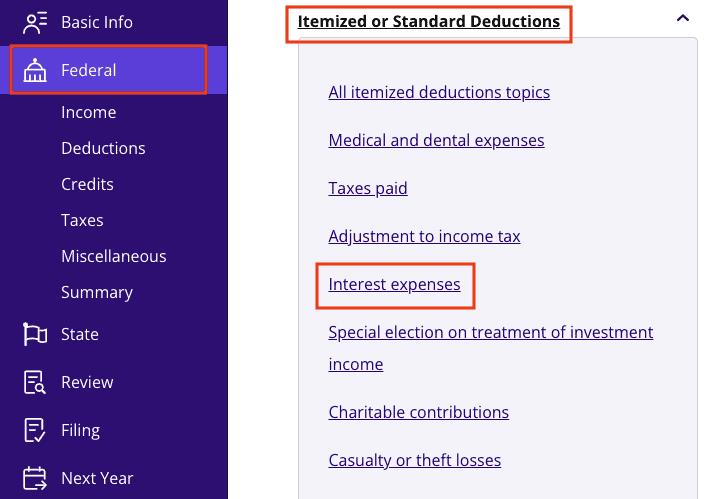 A screenshot showing where to report Form 1098 for mortgage interest in TaxAct