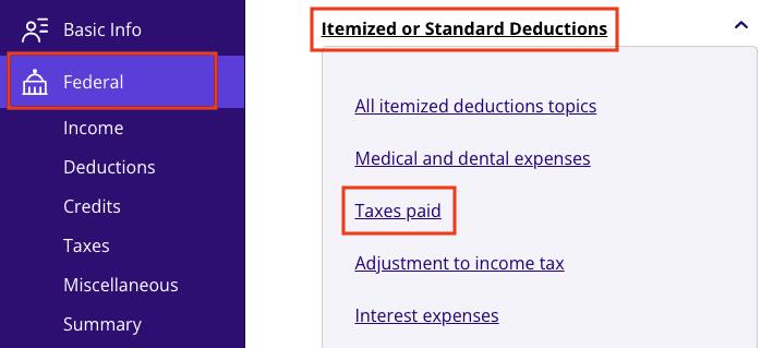 A screenshot showing where to report Form 1098 for real estate taxes paid in TaxAct