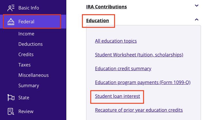 A screenshot showing where to report Form 1098-E for student loan interest in TaxAct