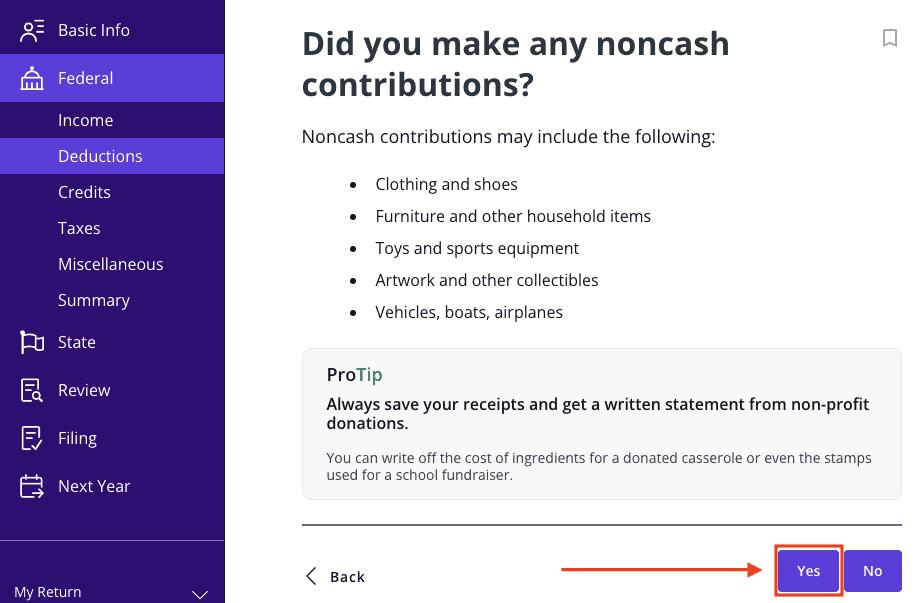 A screenshot showing how to report noncash contributions from Form 1098-C in TaxAct