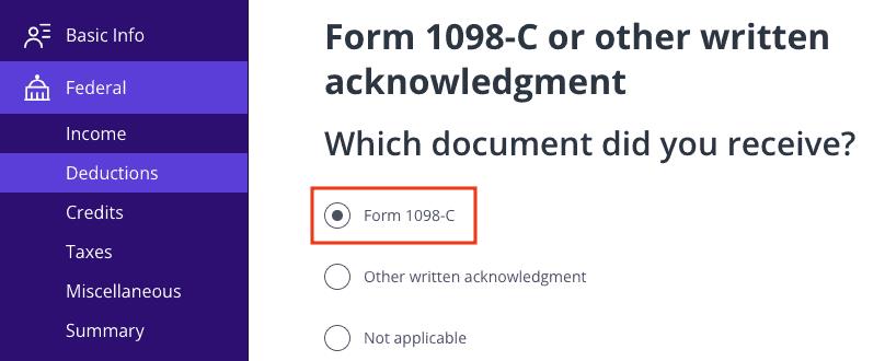 A screenshot showing how to enter your Form 1098-C information in TaxAct