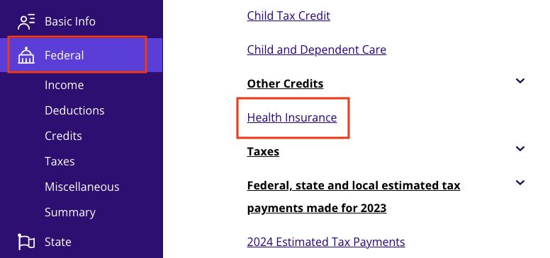 A screenshot showing how to add health insurance information in TaxAct