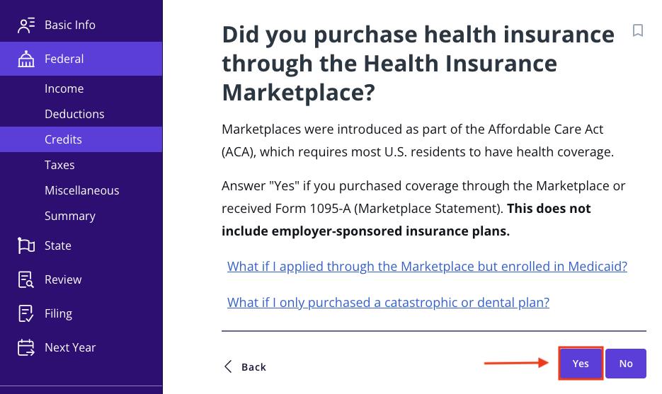 A screenshot showing how to indicate you purchased health insurance through the Marketplace in TaxAct