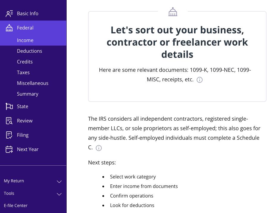 A screenshot showing how to get started filling out Schedule C in TaxAct