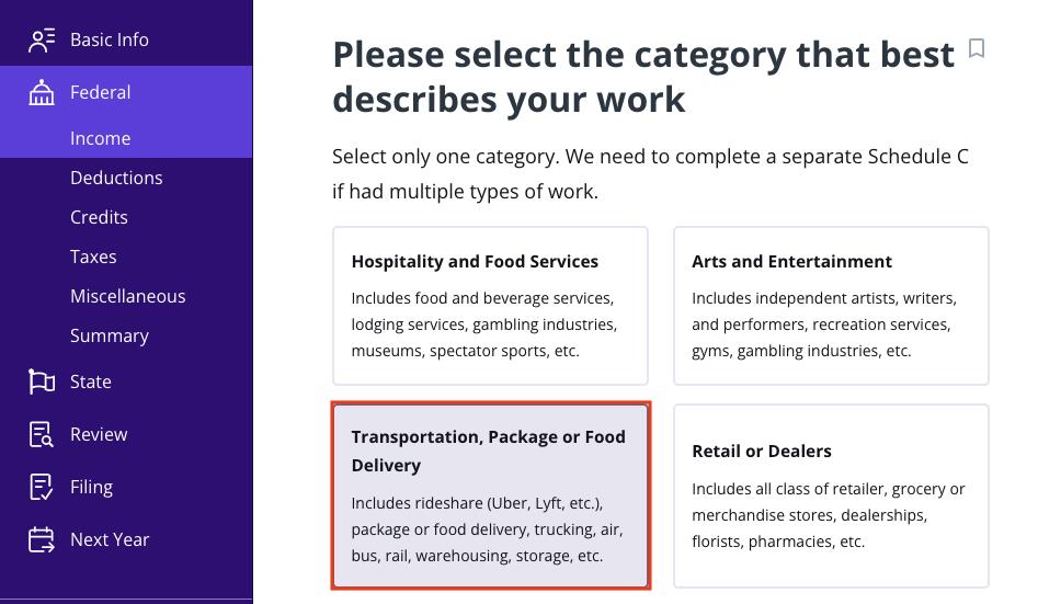 A screenshot of where to select that you were a rideshare driver in TaxAct