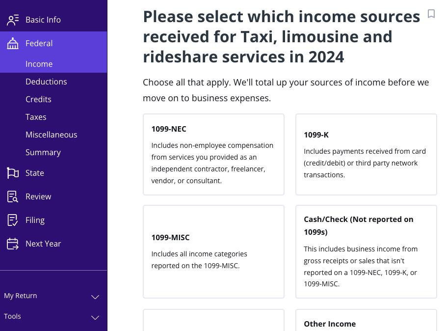 A screenshot asking which rideshare tax forms you have to report in TaxAct