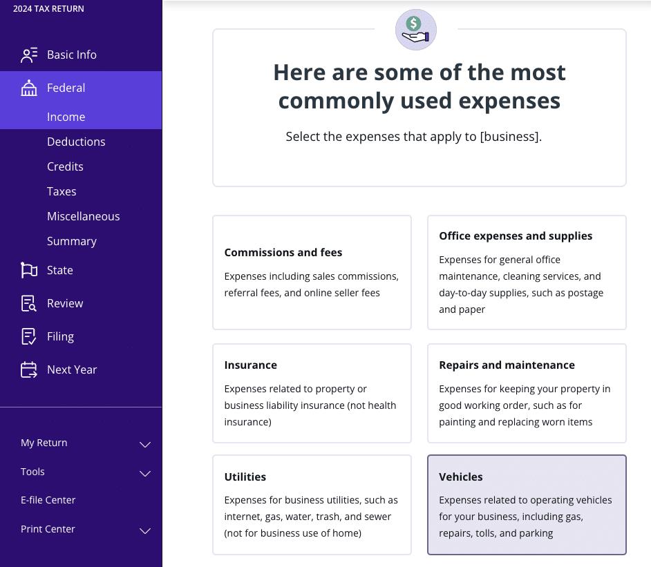A screenshot showing how to select your vehicle as a business expenses in TaxAct
