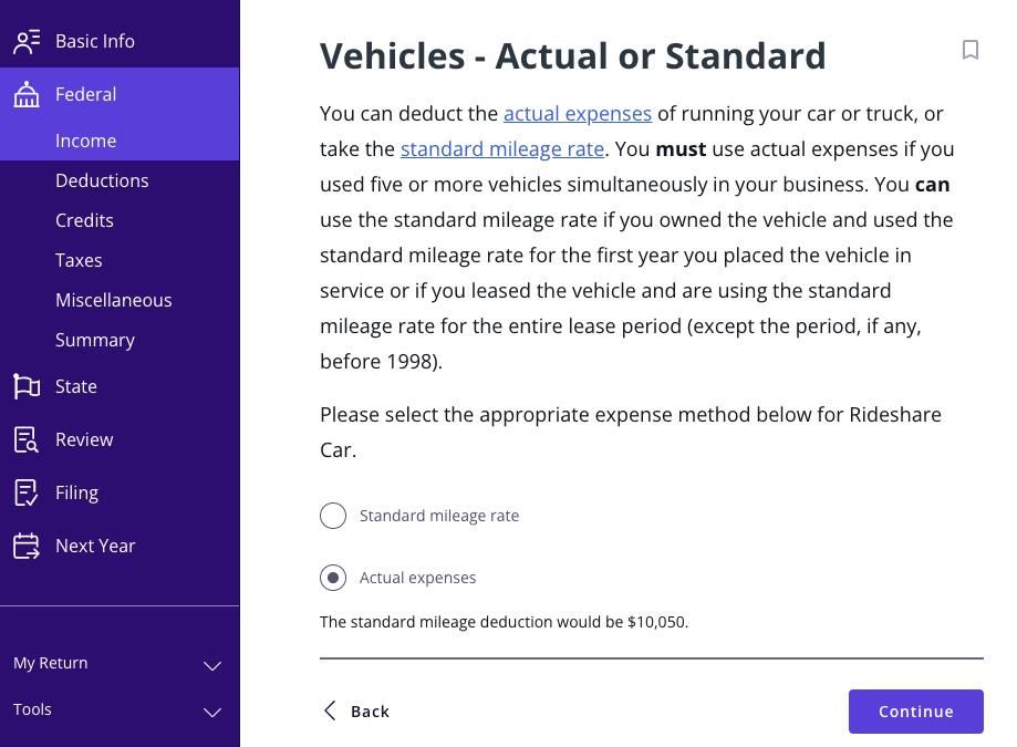 A screenshot showing where to select the standard mileage rate or actual expenses for your vehicle in TaxAct
