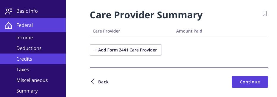 A screenshot showing where to add care provider info for the child care tax credit in TaxAct