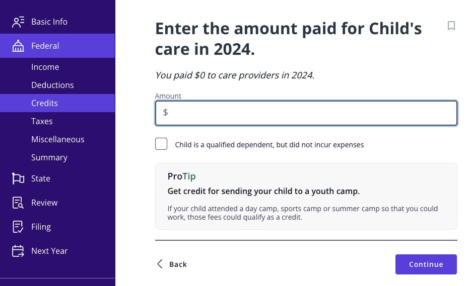 A screenshot showing where to enter your total child care expenses for the Child and Dependent Care Tax Credit in TaxAct