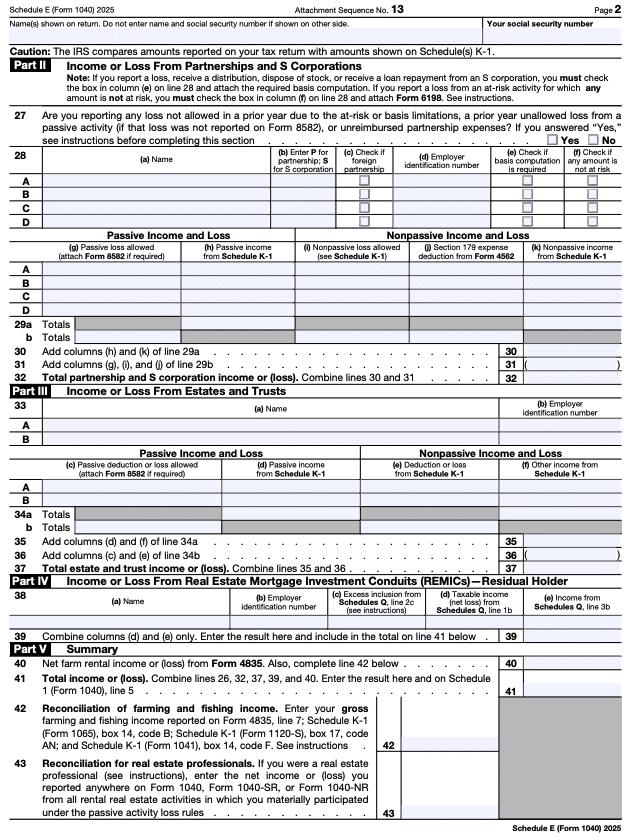 IRS Schedule E (form 1040) Page 2