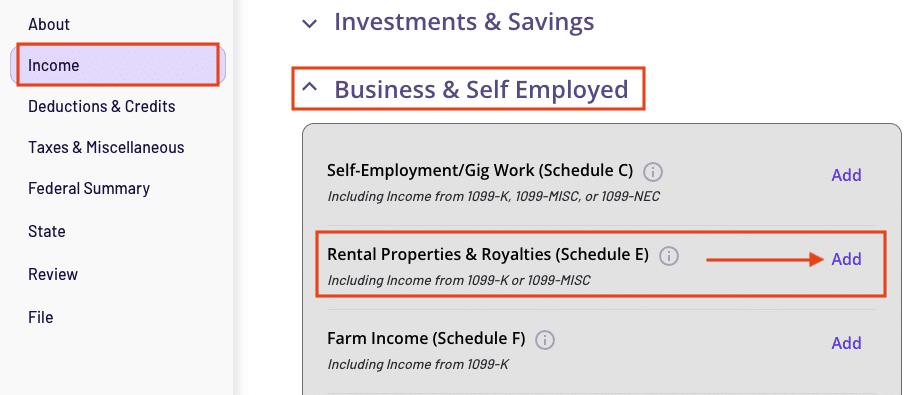 A screenshow of where to find Schedule E in the TaxAct program