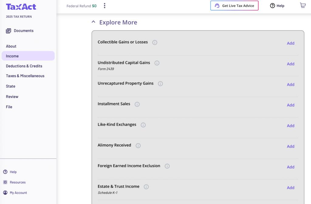 A screenshot of inside the TaxAct platform showing how to add a Form 1120-S Schedule K-1 form