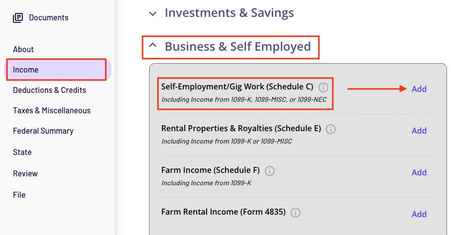 A screenshot showing where to find Schedule C in TaxAct software