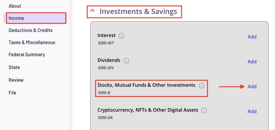 A screenshot showing where to find and edit Form 1099-B in the TaxAct software