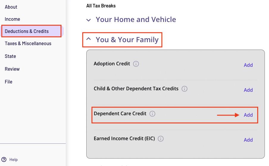 A screenshot showing where to find the Child and Dependent Care Tax Credit in TaxAct