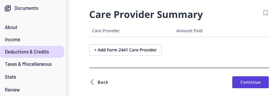 A screenshot showing where to add care provider info for the child care tax credit in TaxAct